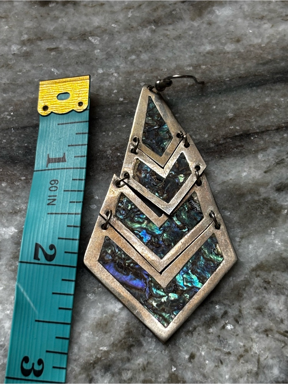 Vintage Mexican Silver Abalone Chevron Drop Earrings Modernist Geometric - Picture 2 of 4